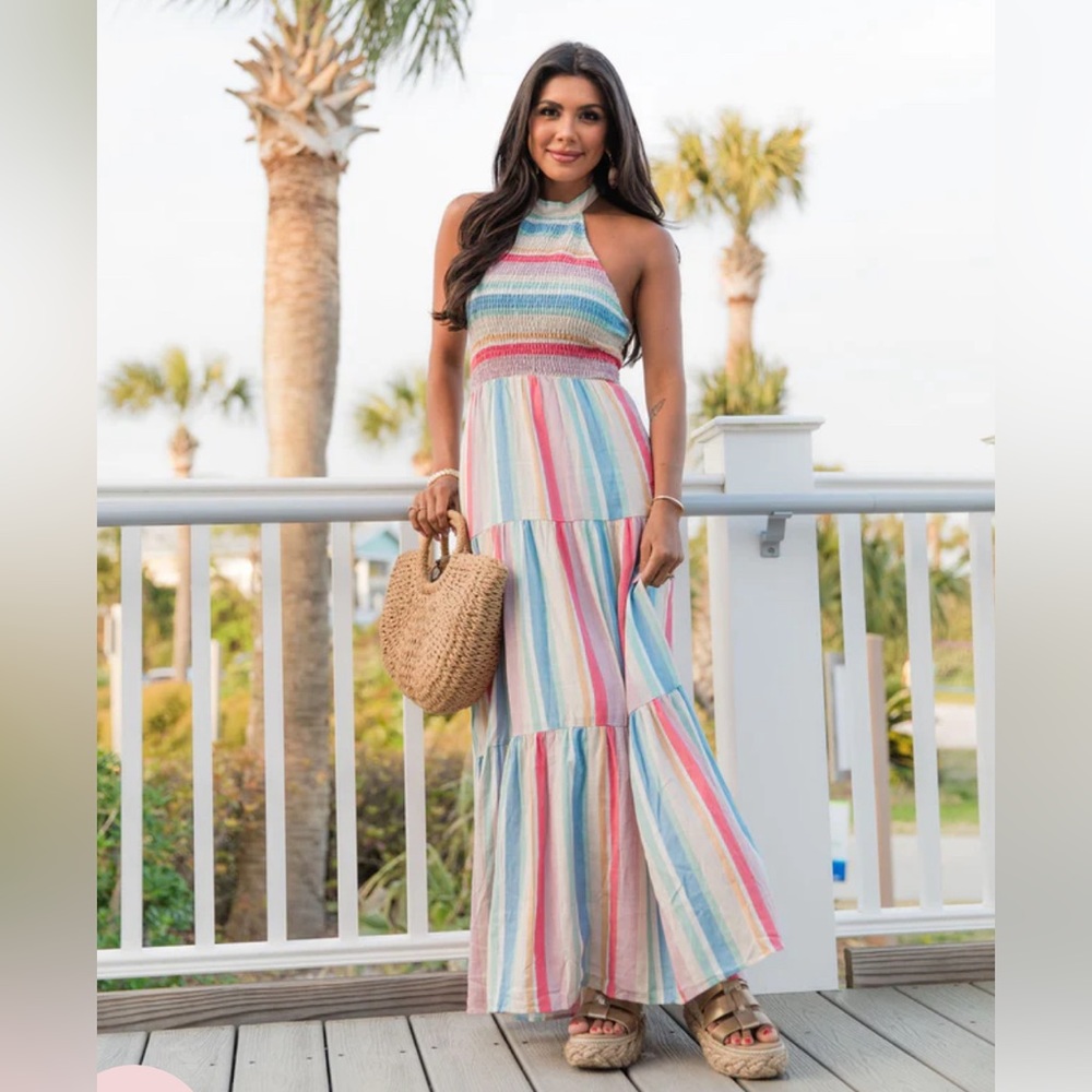 PINK LILY EVENING BREEZE MULTI STRIPED HALTER MAXI DRESS